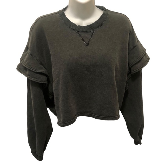 7 For All Mankind Ruffled Shoulder Crop Sweatshirt Sz. S Gray Raw Seams Casual - Picture 2 of 8